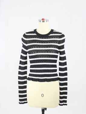 NWOT ZARA Black White Striped Synthetic Pointelle Knit Ruffle Sweater, Size M